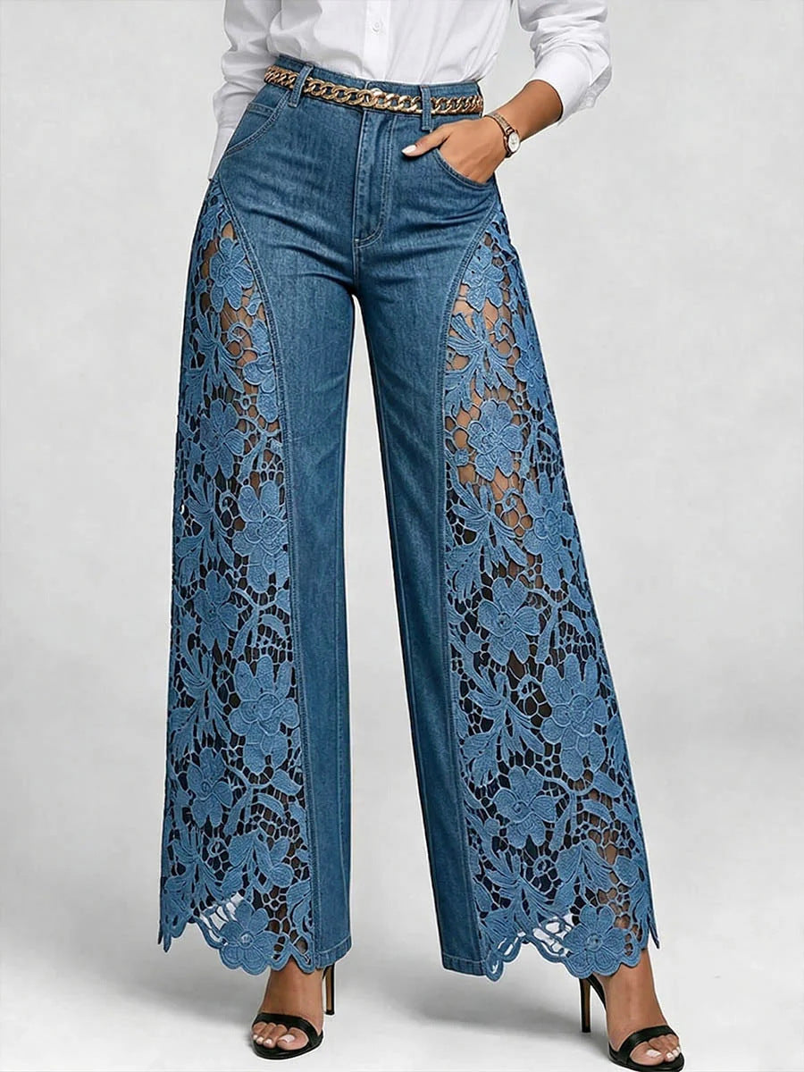 High-Waisted Wide-Leg Lace Panel Jeans Blue CJ Dropshipping Lace Panel Bell Bottom Jeans