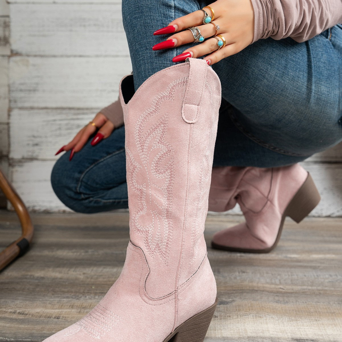 Women’s Embroidered Cowboy Boots – Pointed Toe Western Mid Heel Boots CJ Dropshipping Pink Cowgirl Boots