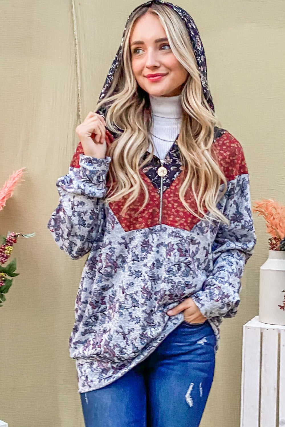 Floral Patchwork Half Zip Hoodie