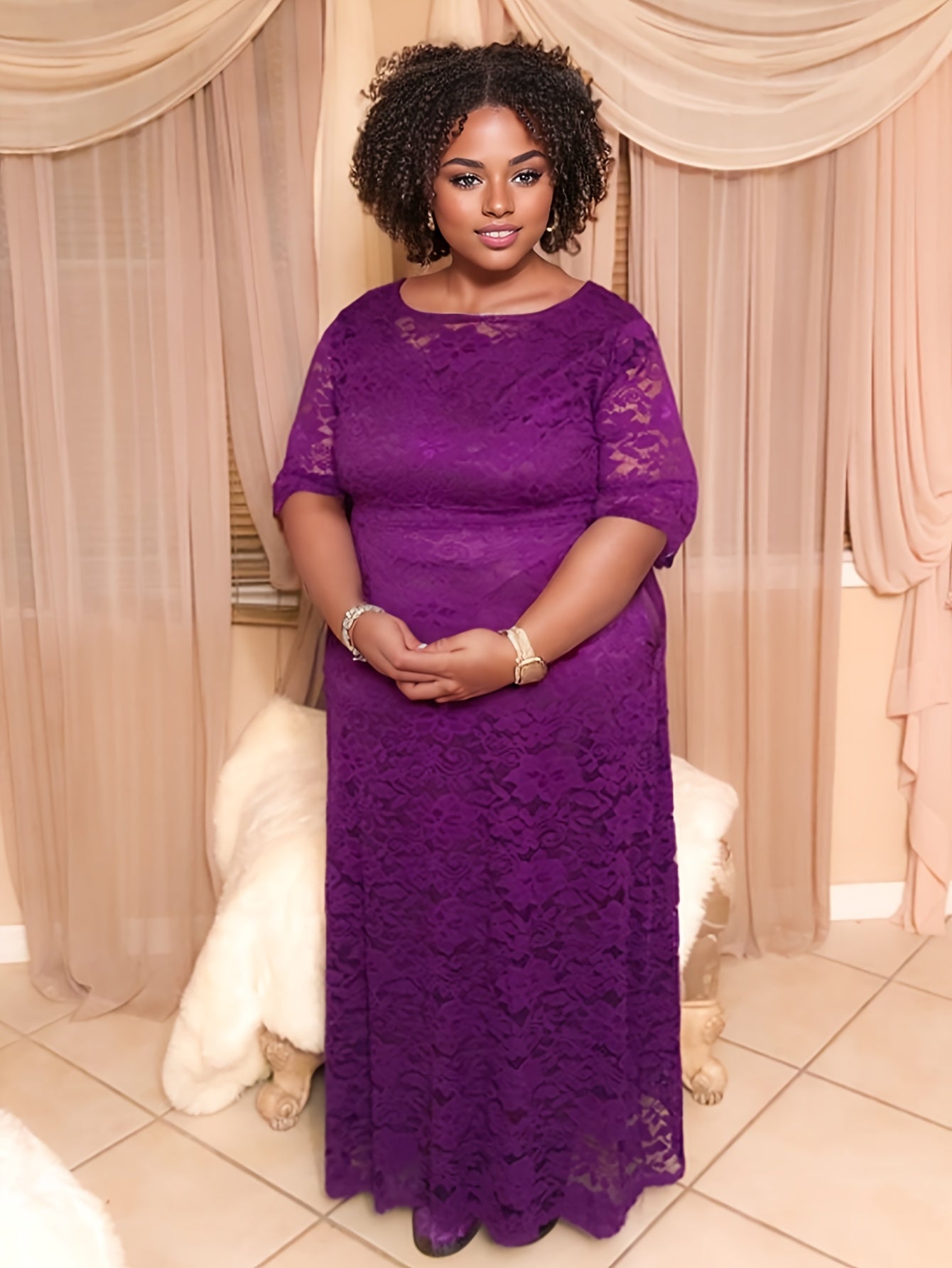 Plus Size O Neck Three Quarter Sleeve Lace Maxi Dress