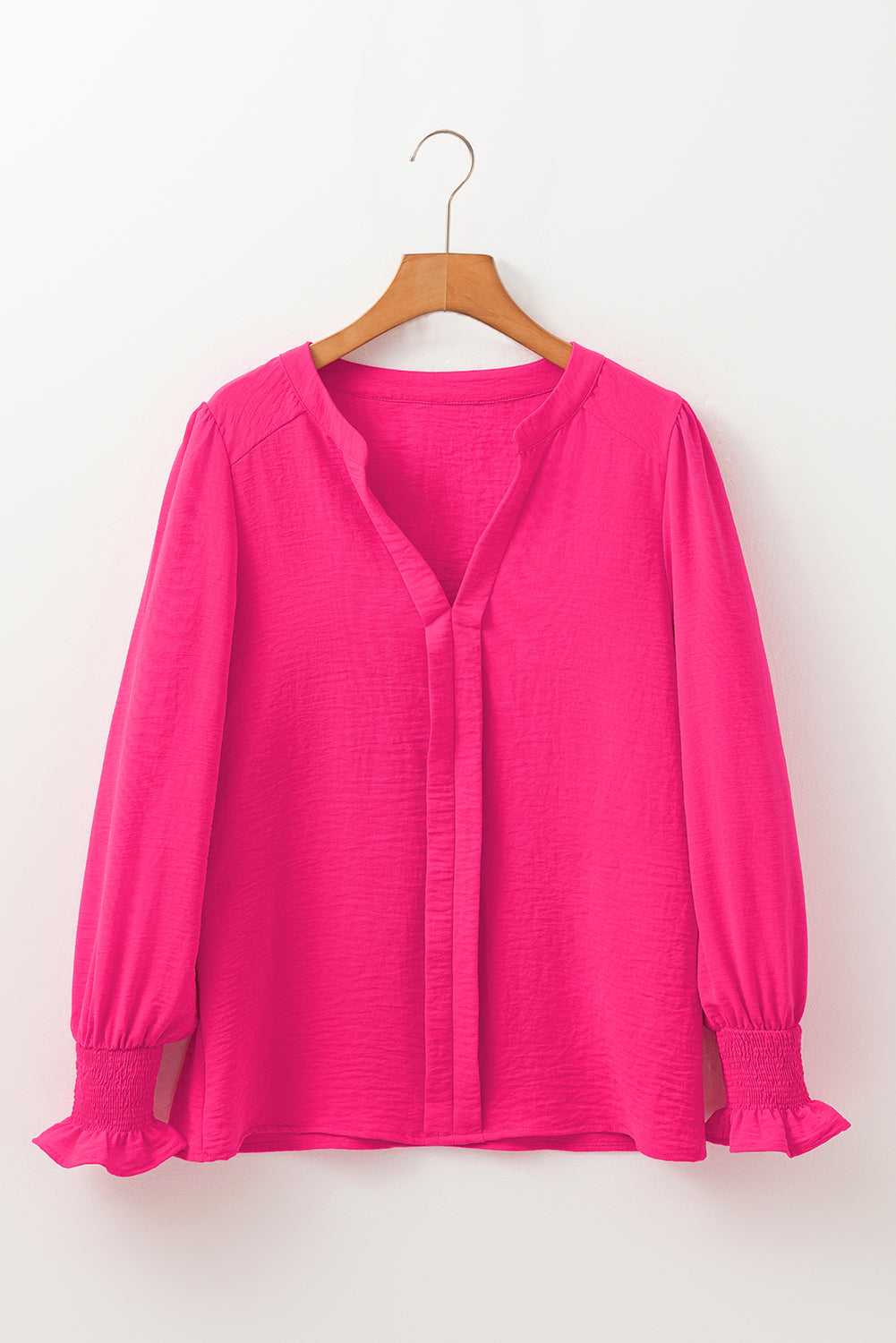 Magenta Long Sleeve Shirred Cuff V Neck Blouse