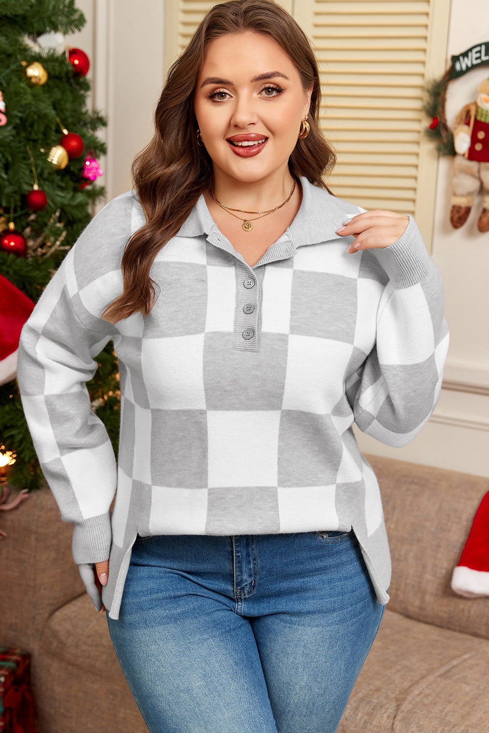 Gray Plus Size Checkered Pattern Button Polo Collar Split Sweater Bazaare Mart Plus Size/Plus Size Sweaters & Cardigans