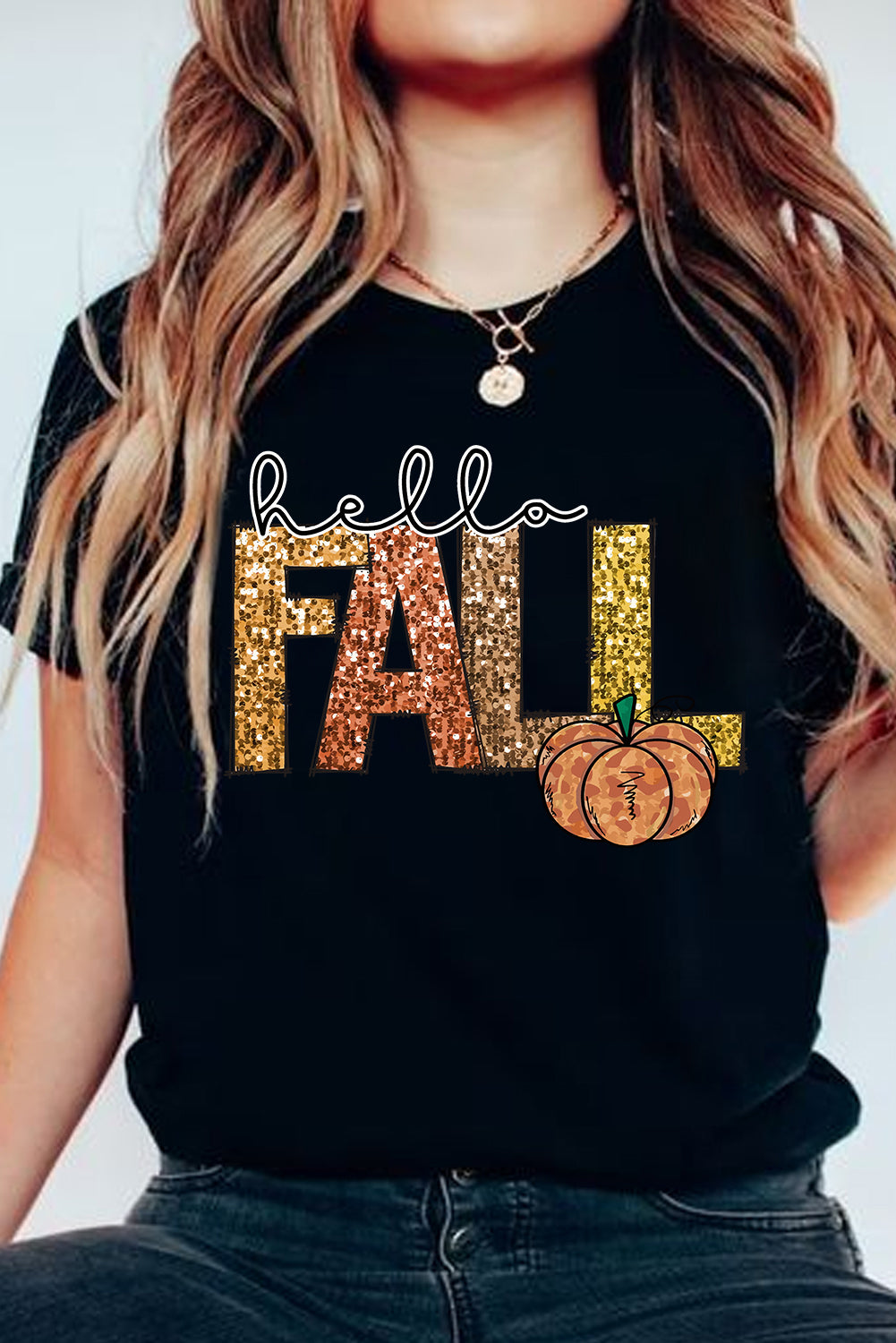 Black Hello Fall Pumpkin Graphic T Shirt