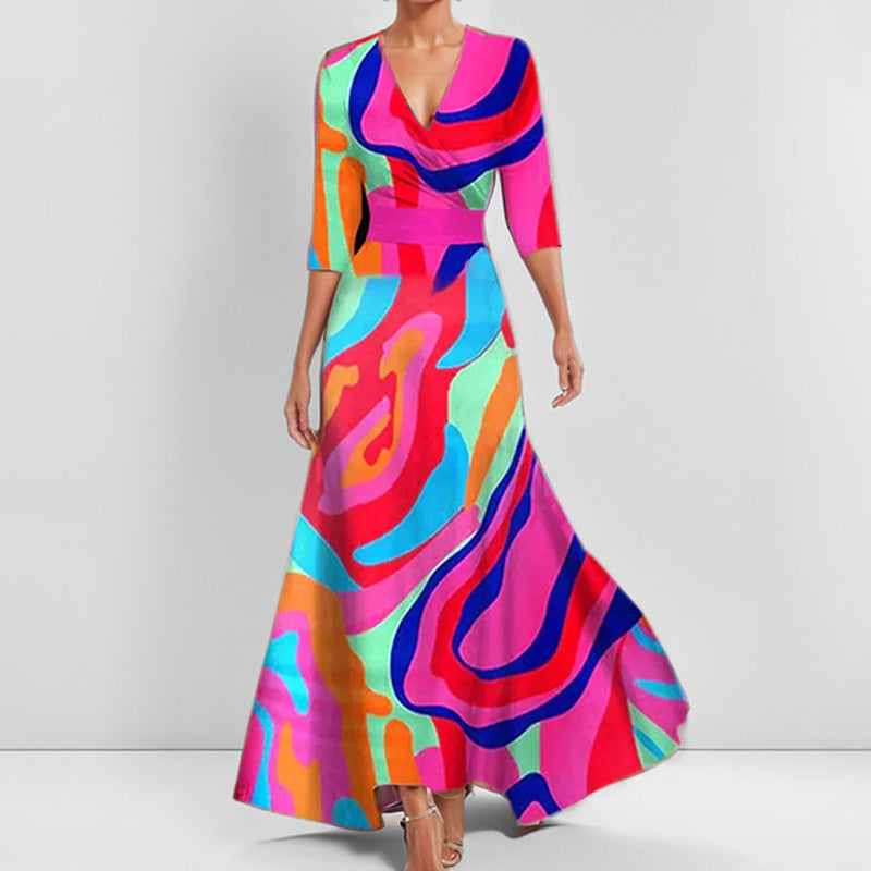 Classy Floral 3/4 Sleeve Peplum V-neck Maxi Dress CJ Dropshipping Elegant Floral Maxi Dress
