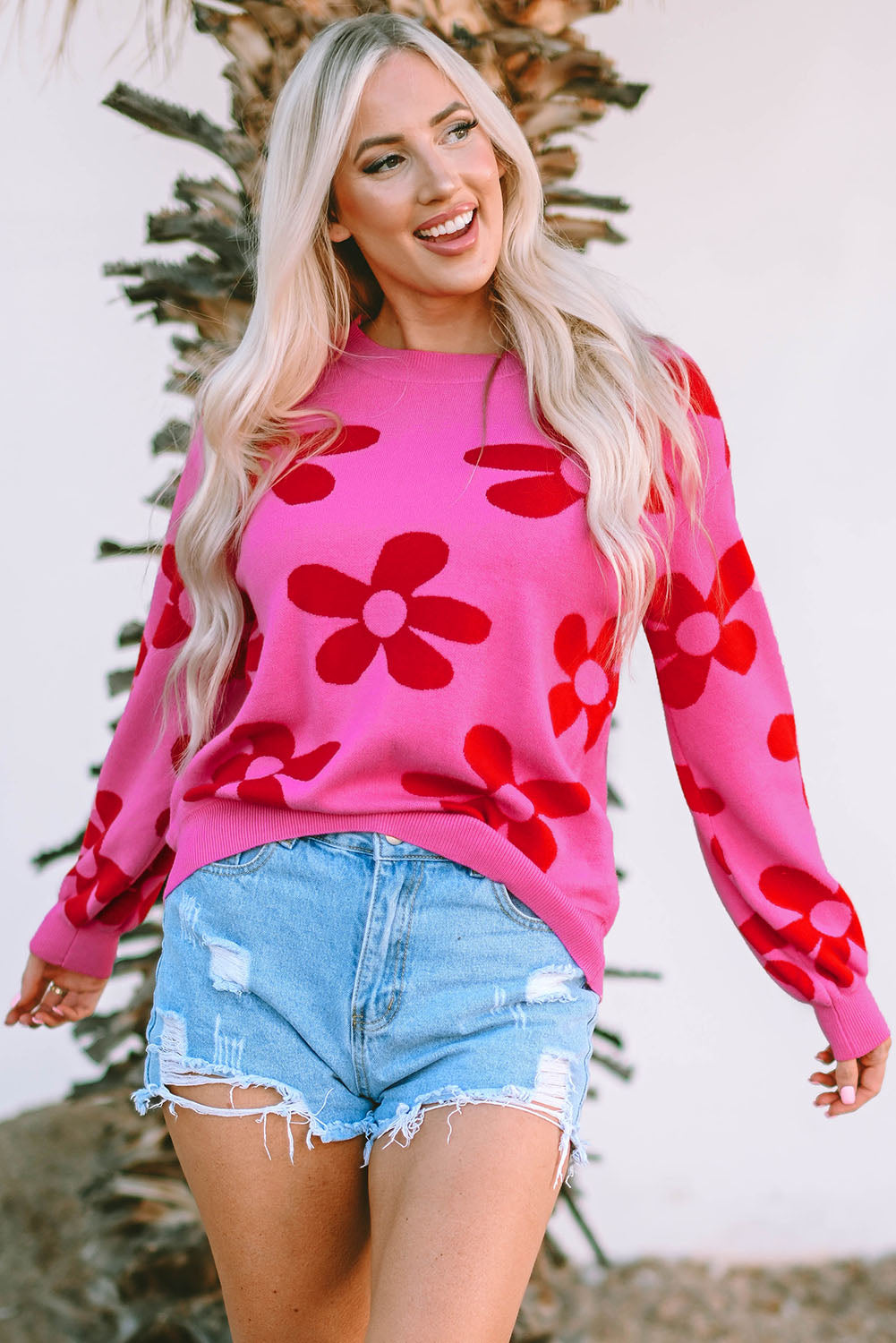 Rose Big Flower Knit Ribbed Trim Sweater