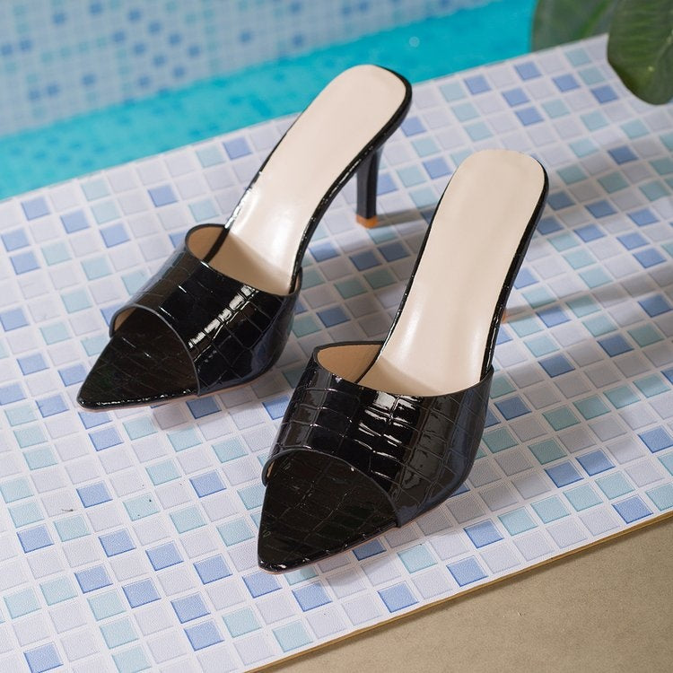 Open Pointed Toe Slip-On Heel Sandals CJ Dropshipping Shiny Heeled Sandals