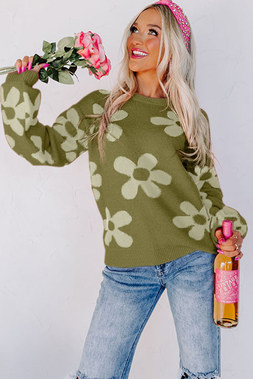 Rose Big Flower Knit Ribbed Trim Sweater