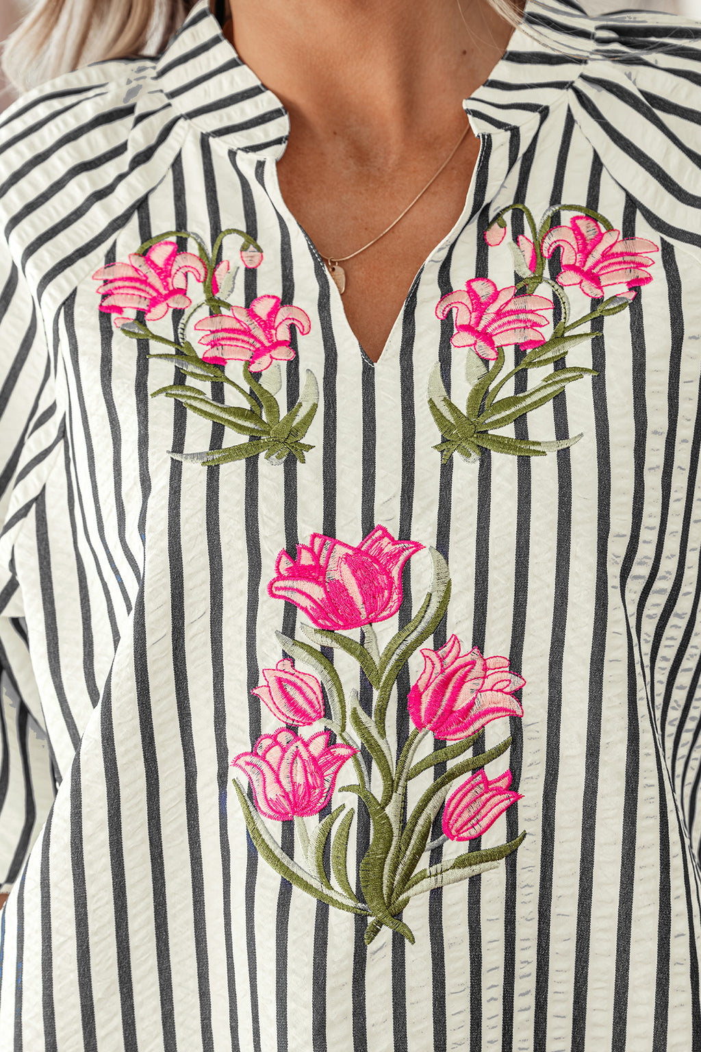 Green Stripe Floral Embroidered V-Neck Blouse