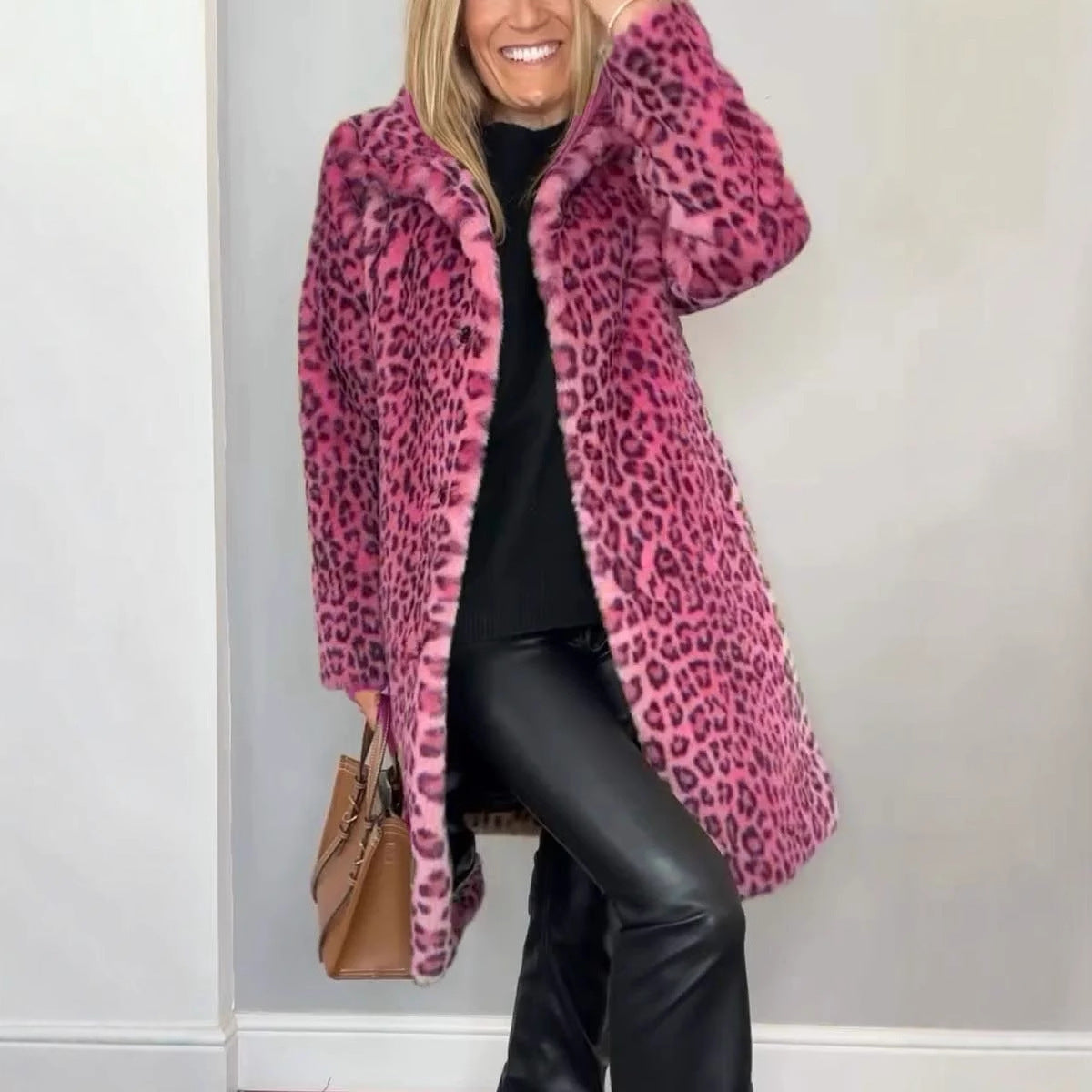Faux Leopard Print Fur Dress Coat