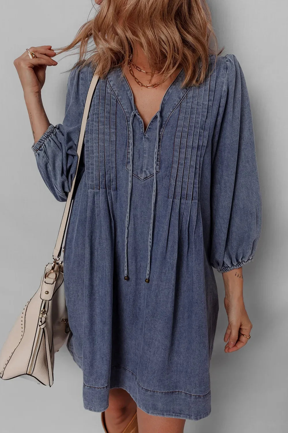 Tie Neck 3/4 Sleeve Mini Denim Dress Trendsi Denim Dress