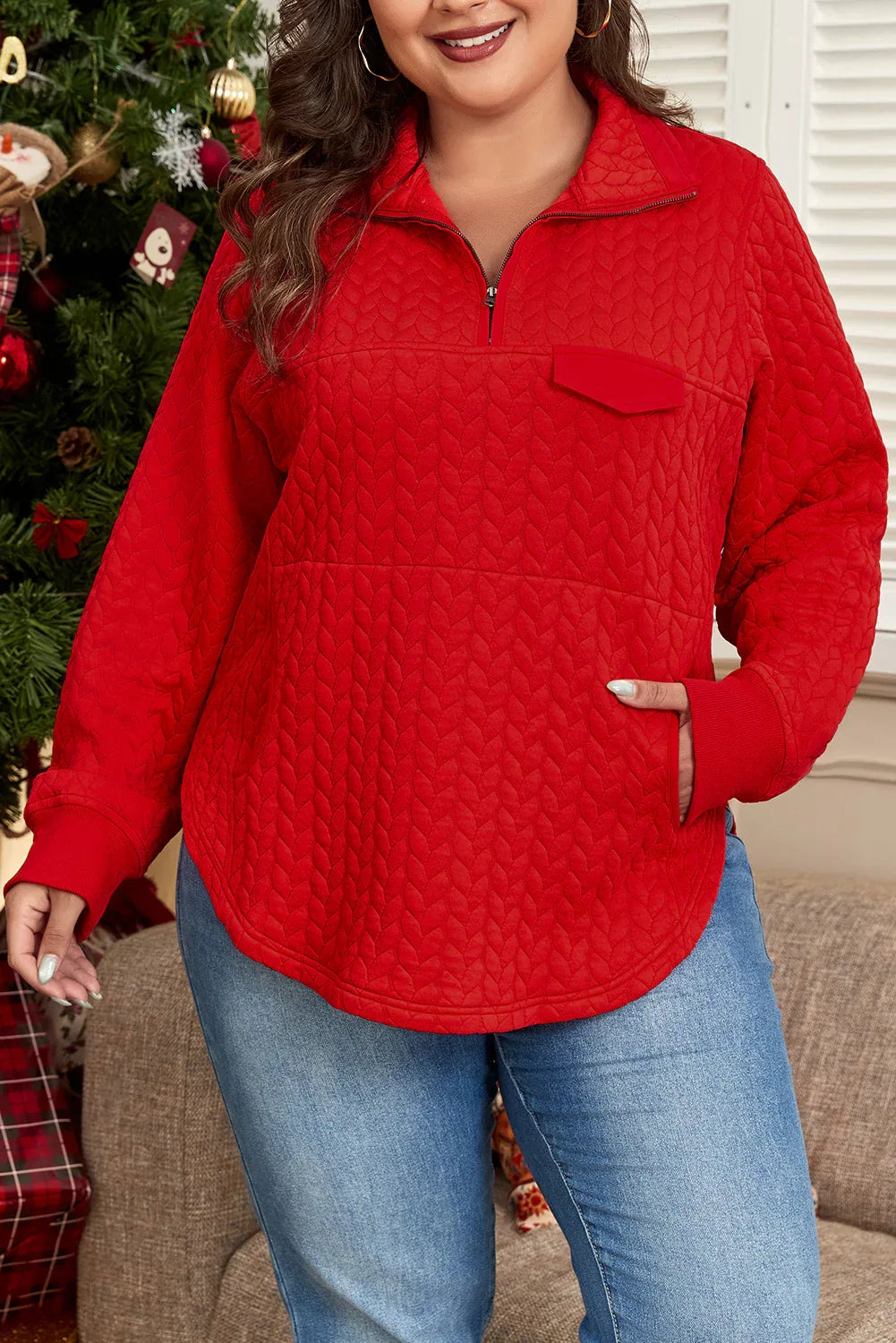 Red Cable Textured Quarter Zip Pocketed Pullover Bazaare Mart Plus Size/Plus Size Sweatshirts & Hoodies