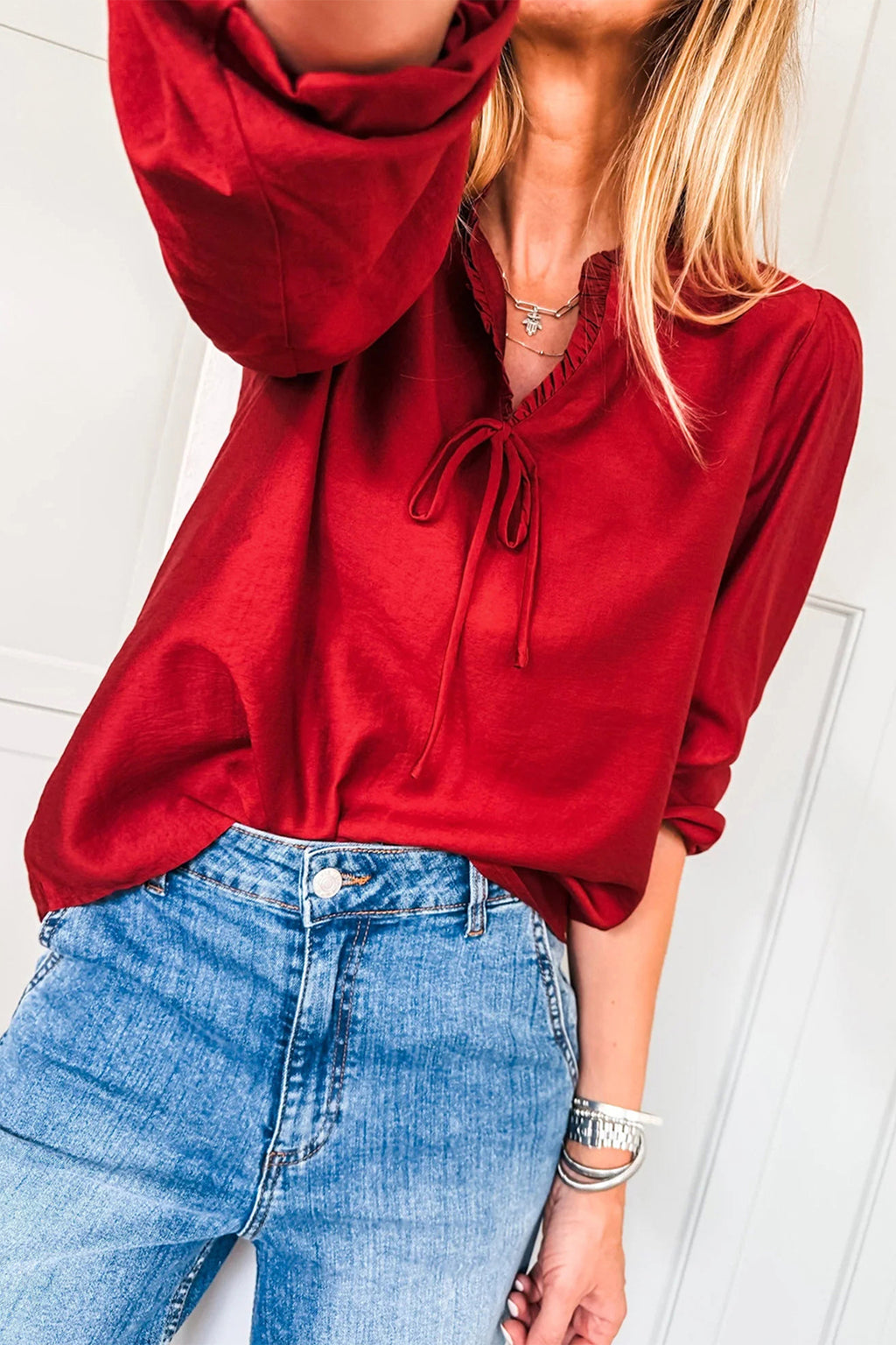 Solid Color Frilled V Neck Bow Detail 3/4 Sleeve Blouse Bazaare Mart Tops/Blouses & Shirts
