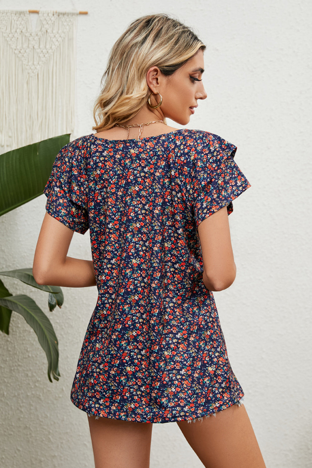 Floral V-Neck Short Sleeve Blouse