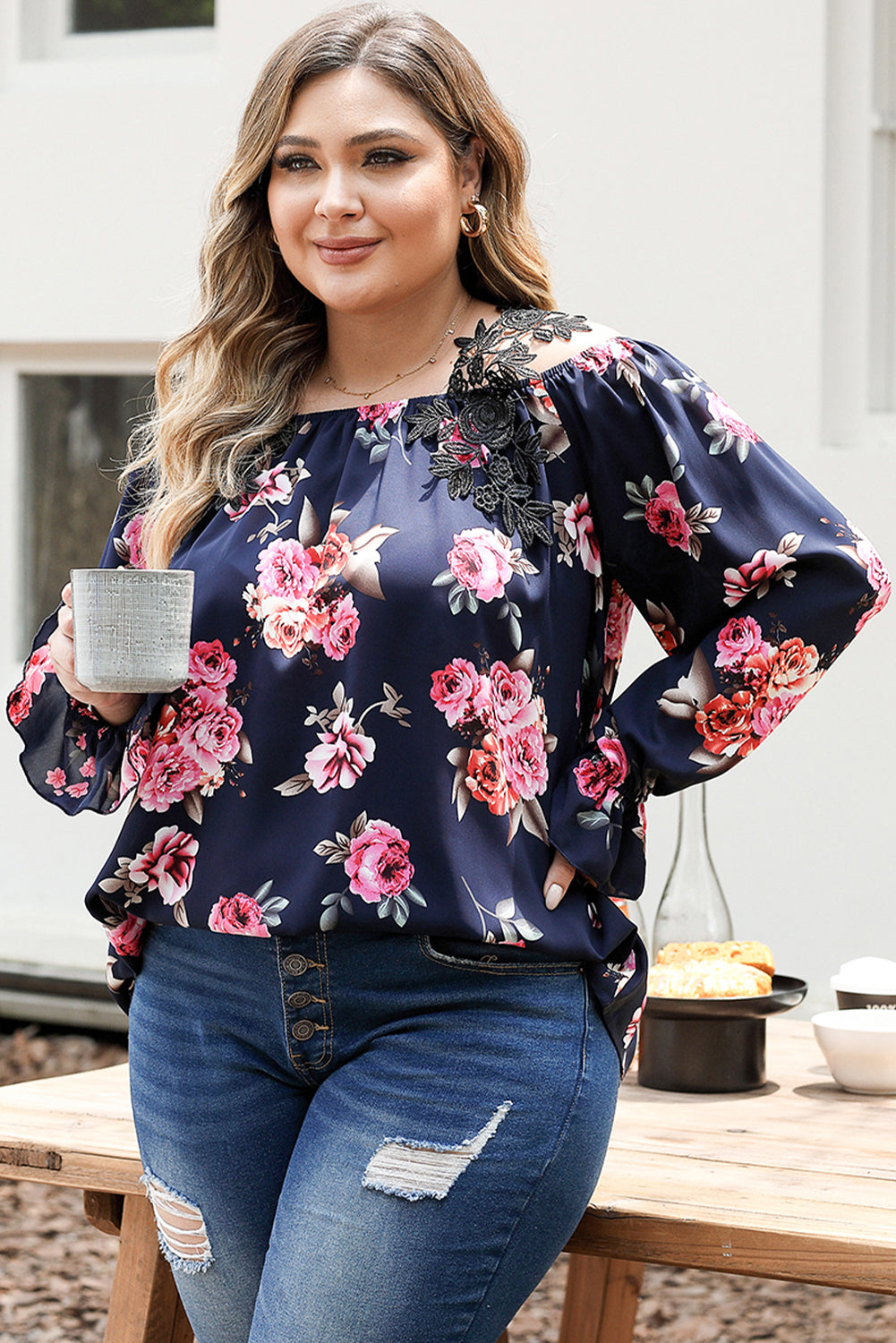 Navy Cold Shoulder Long Sleeve Floral Blouse