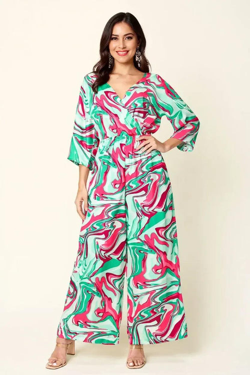 Double Take Full Size Half Sleeve Wide Leg Jumpsuit Green Bazarre Mart