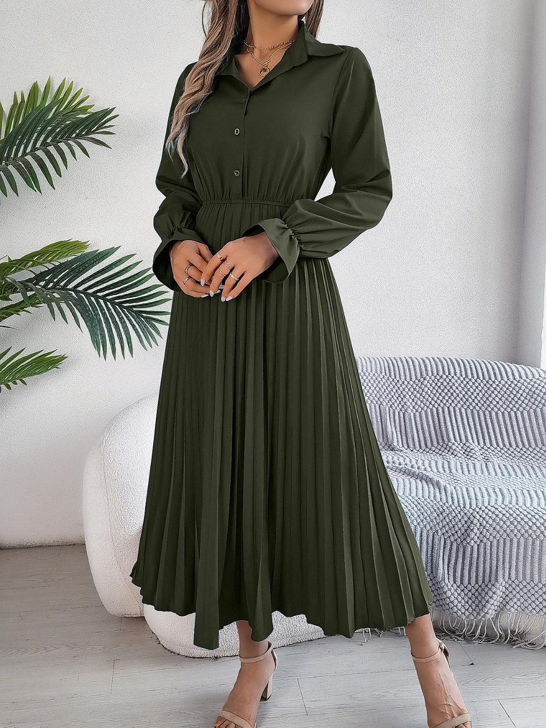 Pleated Half Button Long Sleeve Midi Dress Bazaare Mart Pleated Half Button Long Sleeve Midi Dress