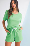 V Neck Drop Shoulder Tee and Shorts Set Mint Green Shewin Two Piece Shorts Sets