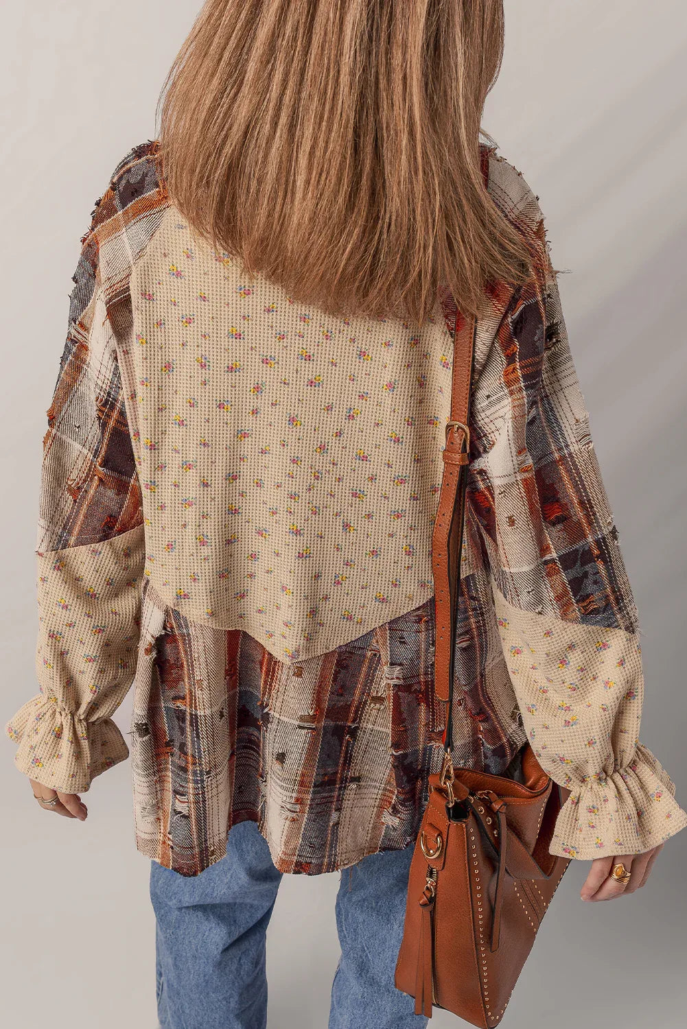Corduroy Boho Floral Patchwork Distressed Detail Ruffled Sleeve Blouse Bazaare Mart Outerwear/Plaid Shackets