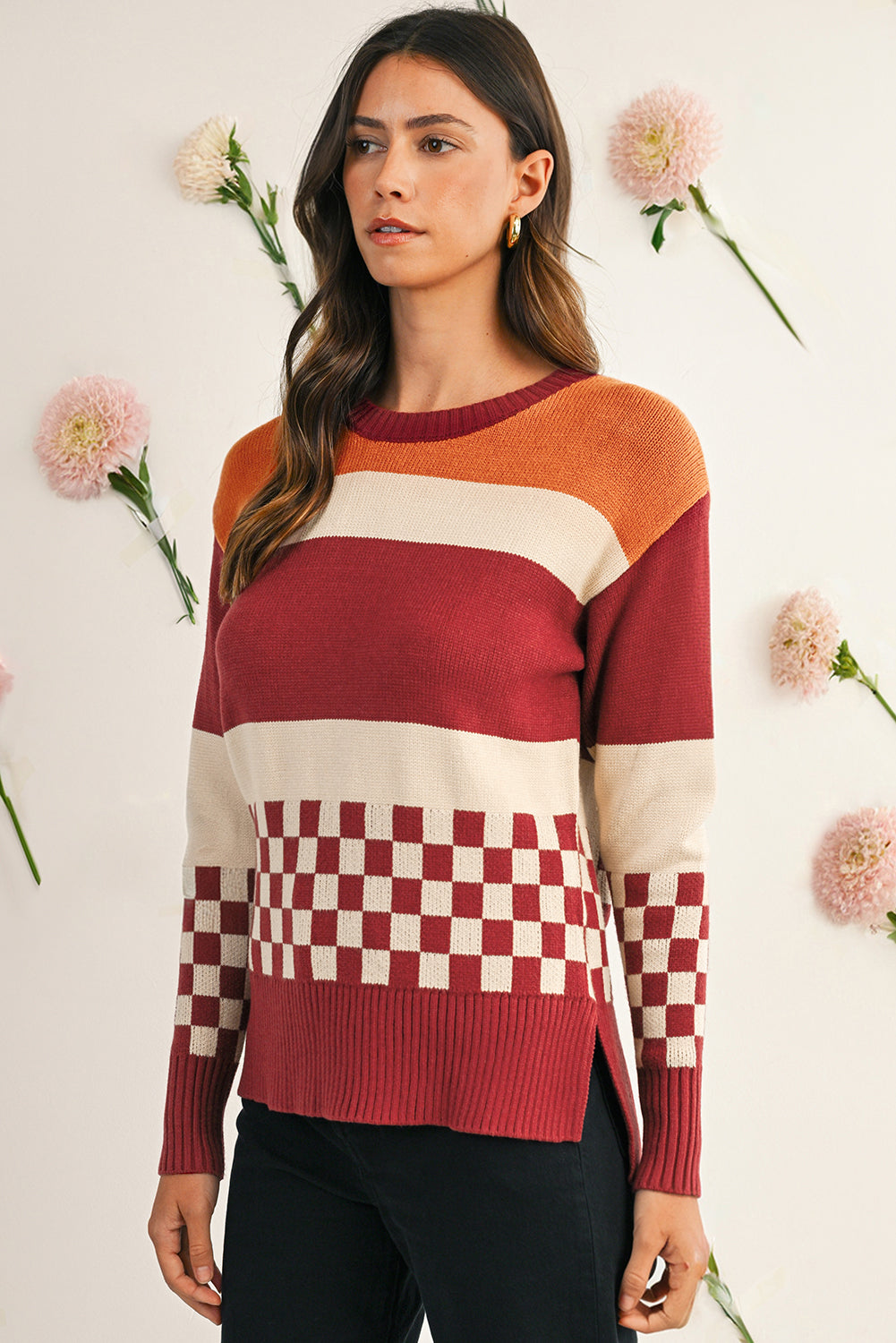 Brown Checkered Colorblock Knitted Drop Shoulder Sweater