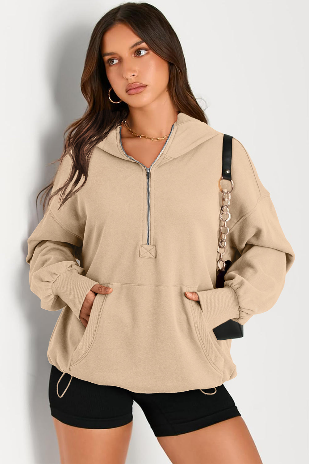 Parchment Solid Kangaroo Pocket Half Zipper Oversized Hoodie