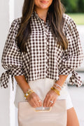 Brown Plaid Ruffle-Front Button Down Shirt
