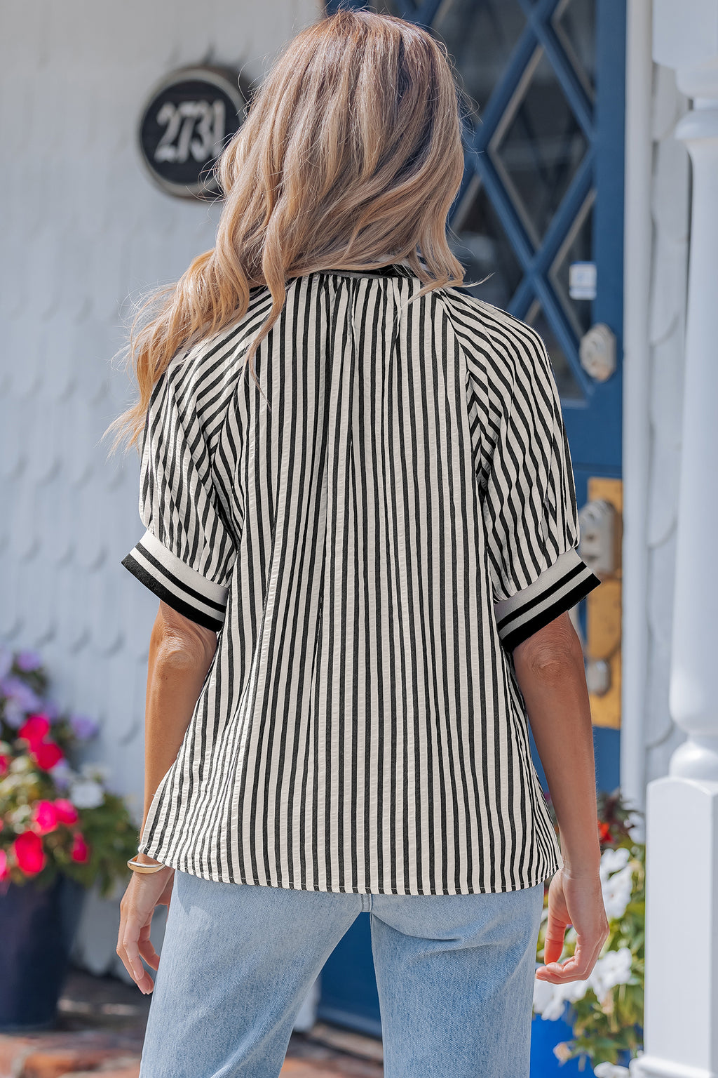Black Stripe Polo Collar Half Zip Short Puff Sleeve Blouse Dear-Lover Dropshipping Tops/Blouses & Shirts