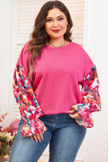 Bright Pink Floral Patchwork Flounce Sleeve Rib Knit Plus Top Bright Pink 55%Polyester+31%Viscose+12%Polyamide+2%Elastane Dear-Lover Dropshipping Plus Size/Plus Size Tops/Plus Size Long Sleeve Tops