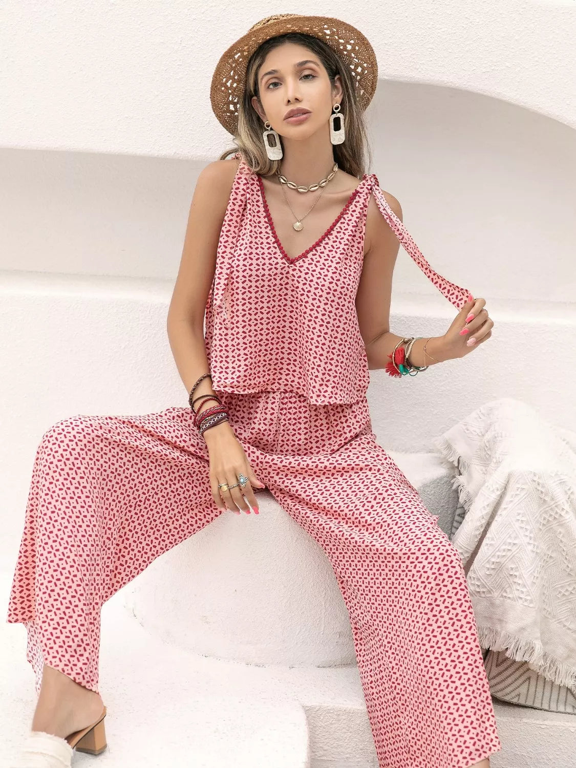 Gingham Tie Shoulder Top and Pants Set Trendsi Gingham Tie Shoulder Top and Pants Set