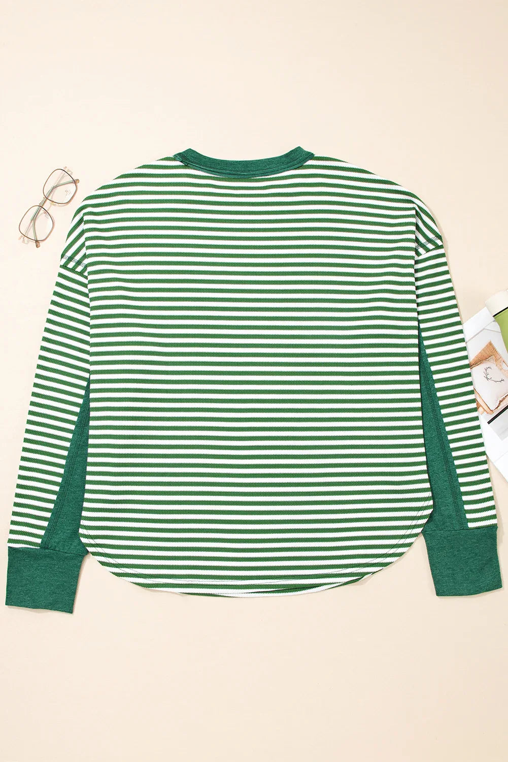 Green Stripe Patchwork Thermal Top Bazaare Mart Plus Size/Plus Size Tops/Plus Size Long Sleeve Tops