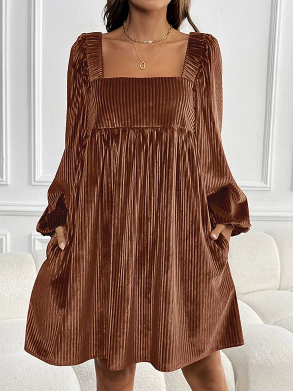 Textured Velvet Square Neck Long Sleeve Dress Bazaare Mart Long Sleeve Square Neck Velvet Dress