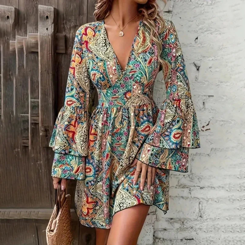 Paisley V-Neck Layered Bell Sleeve Mini Dress Bazaare Mart V-Neck Floral Print Dress - Layered Bell