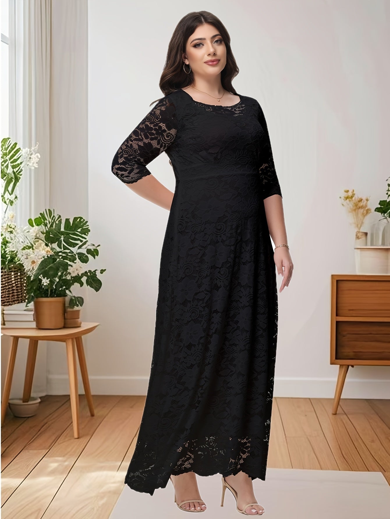 Plus Size O Neck Three Quarter Sleeve Lace Maxi Dress