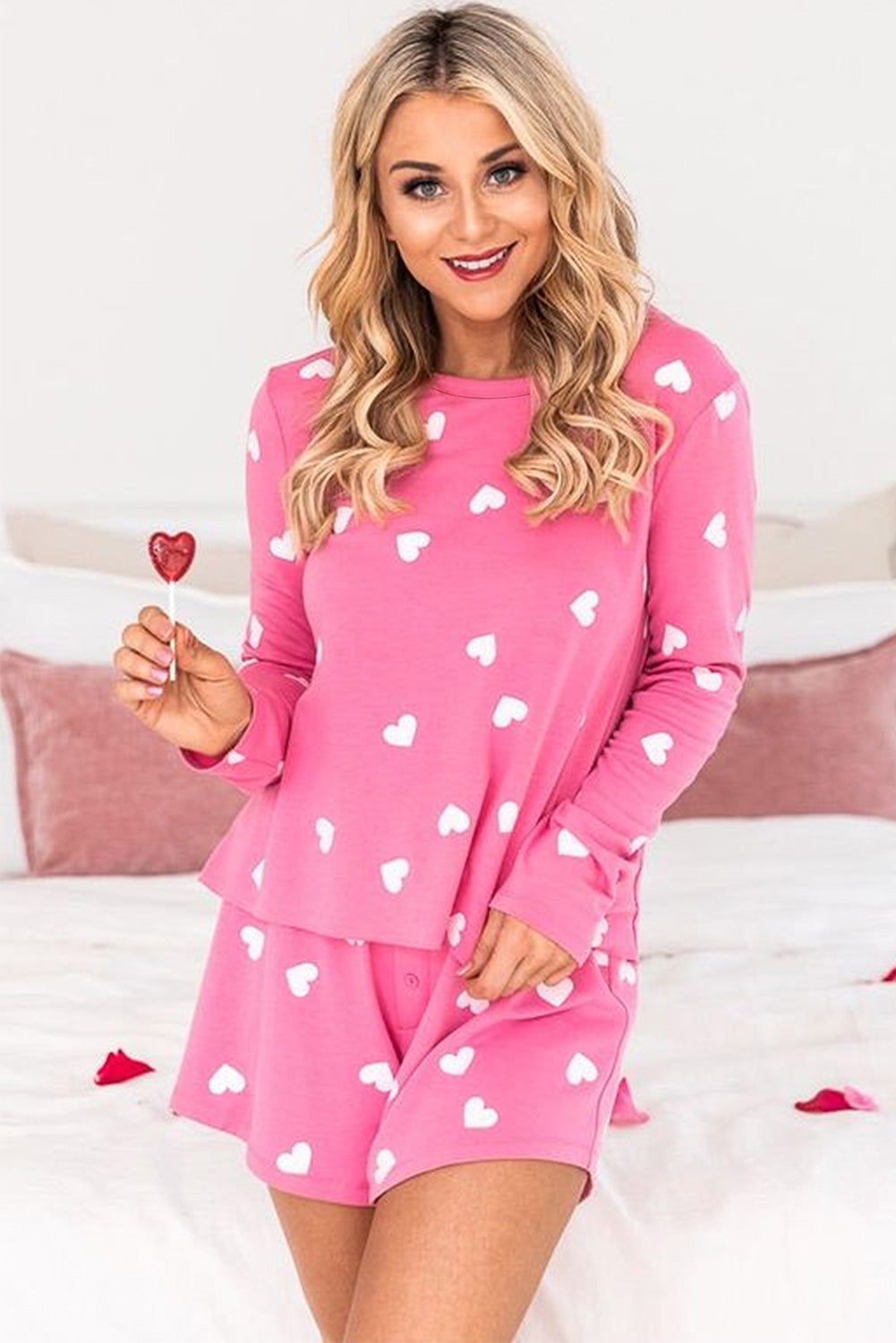 Pink Heart Print Long Sleeve Tee and Shorts Lounge Set