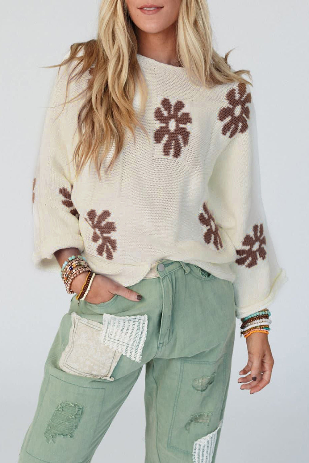 White Colorblock Floral Sweater