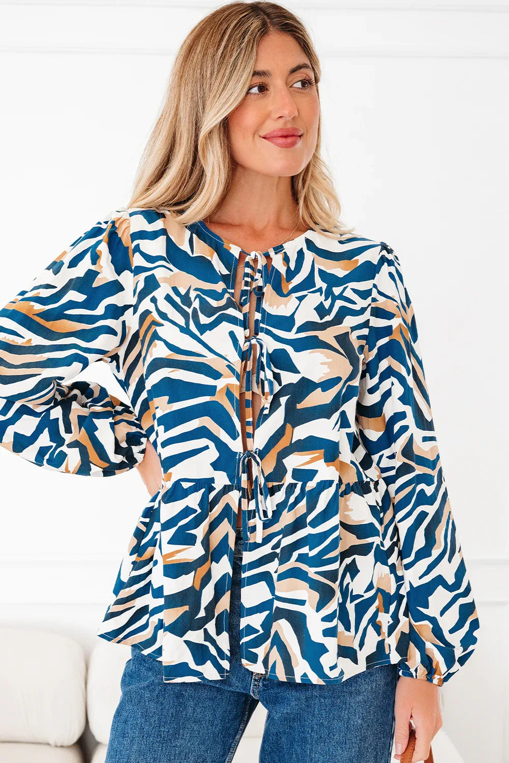 Blue Zebra Print Tied Front Puff Sleeve Top - Bazaare Mart