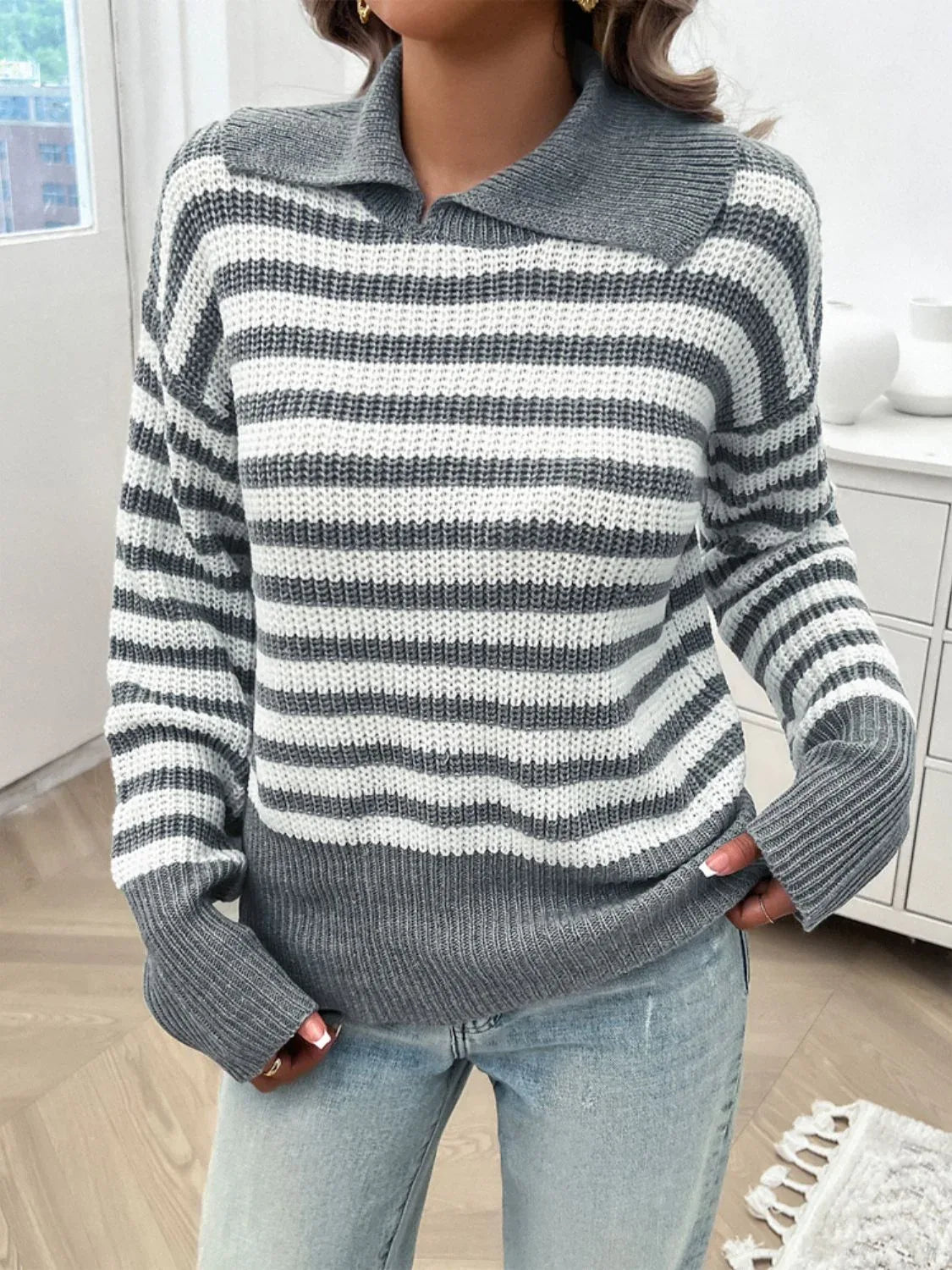 Striped Collared Neck Long Sleeve Sweater Light Gray Bazaare Mart Striped Collared Neck Long Sleeve Sweater