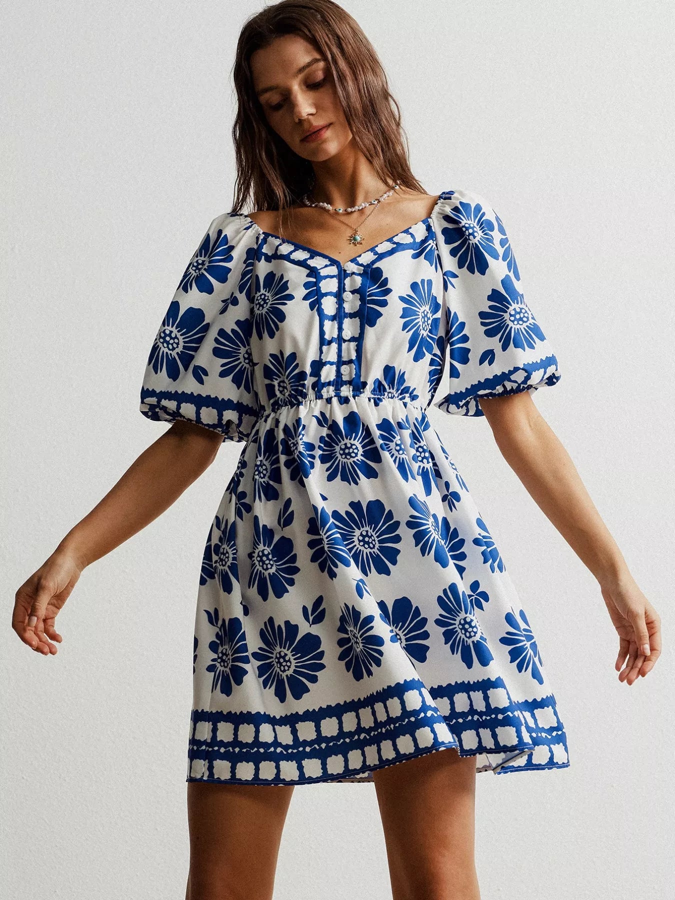 Blue Floral Print Puff Sleeve Mini Dress Bazaare Mart Floral Print Puff Sleeve Mini Dress