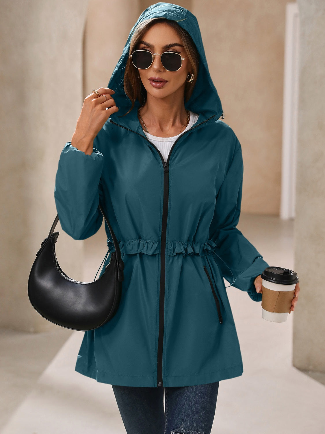 Waterproof Gathered Waist Hooded Jacket