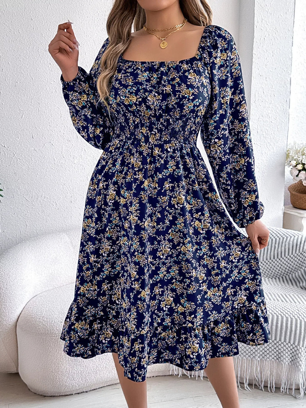 Floral Long Sleeve Square Neck Midi Dress Bazaare Mart Long Sleeve Floral Peasant Dress