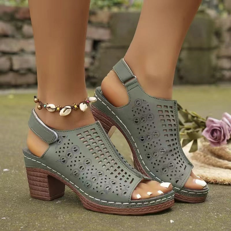 Women’s Roman Block Heel Sandals – Die Cut Open Toe Ankle Strap Comfort Heels Gray Green CJ Dropshipping Die Cut Low Block Heel Sandals