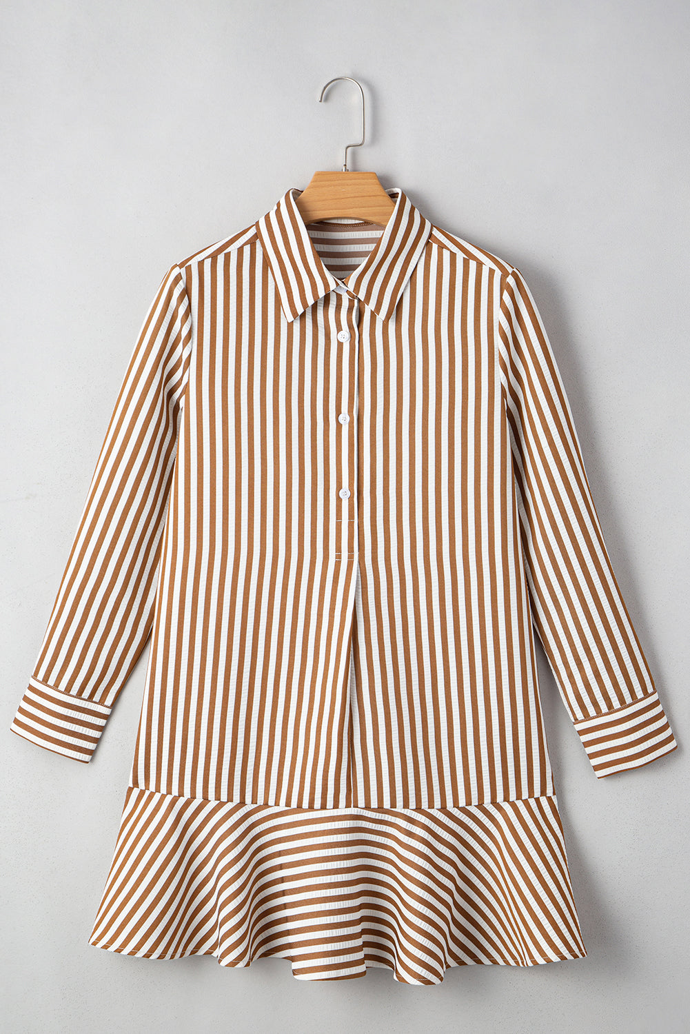 Brown Stripe Ruffle Hem Collared Long Sleeve Shirt Dress