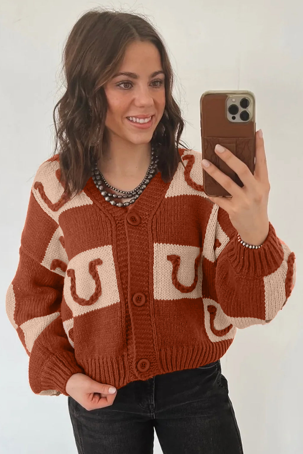 Rust &Cream Western Horseshoe Button-Front Cardigan