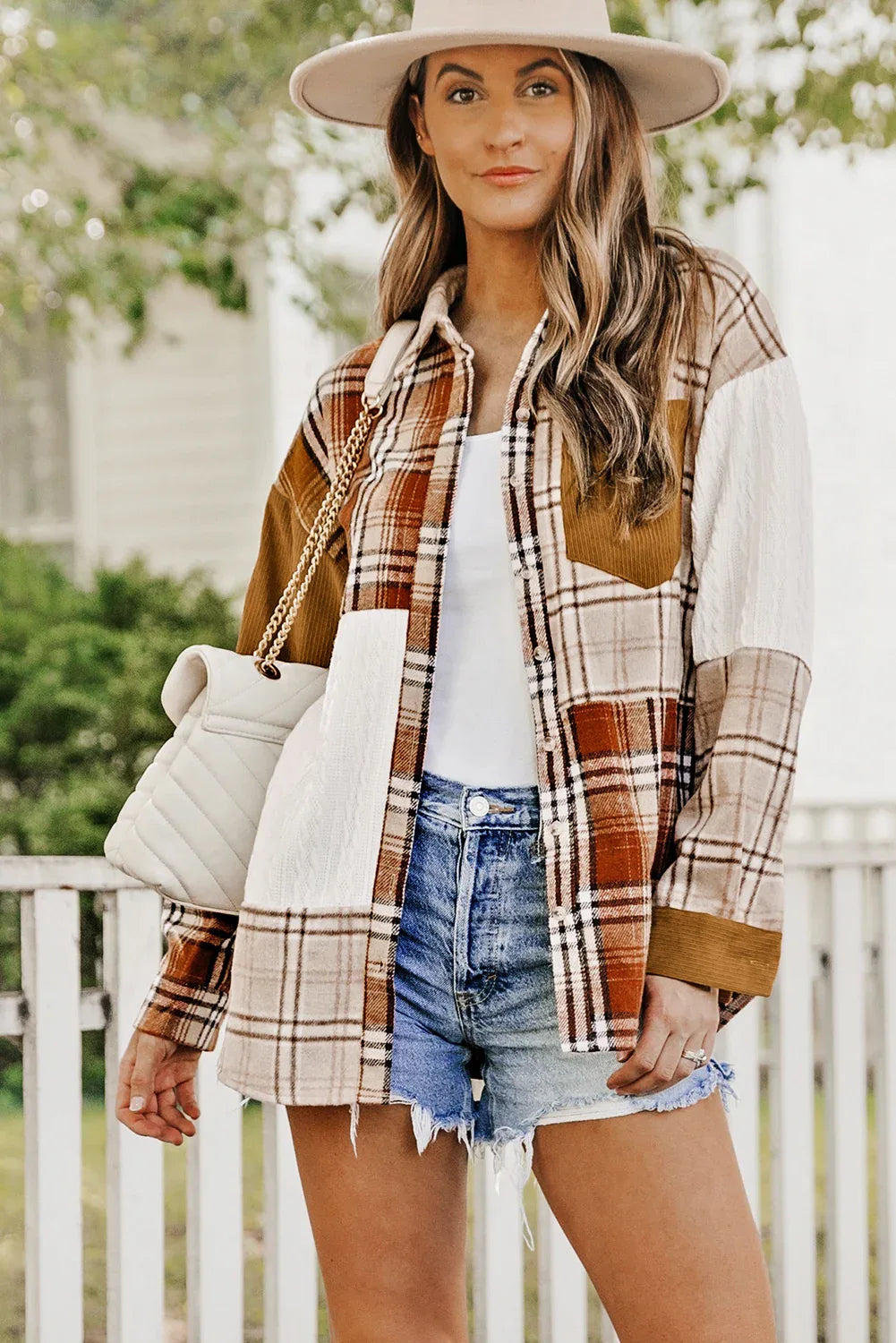 Orange Plaid Color Block Patchwork Shacket with Pocket Bazaare Mart Outerwear/Plaid Shackets
