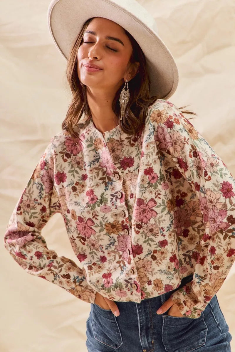 Beige Rose Cardigan Bazaare Mart SO ME Floral Print Button Front Sweater