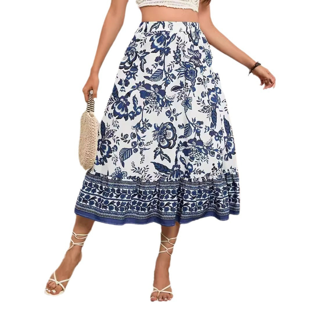 Boho Blue and White Porcelain Printed A- Line Skirt Color CJ Dropshipping Boho Blue and White Skirt