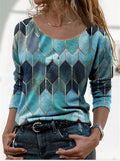 Long Sleeve Geo T-shirt Blue Bazarre Mart Scoop Neck Long Sleeve Top