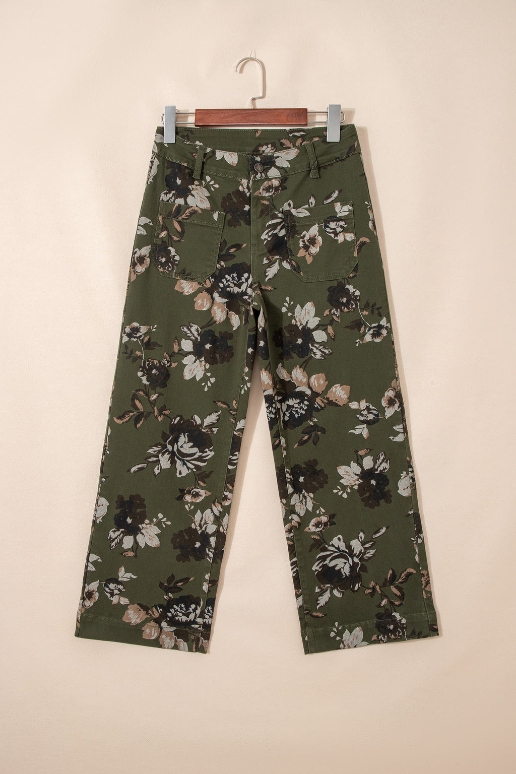 Green Vintage Floral Print Square Patch Pocket Raw Hem Shift Jeans Green 98%Cotton+2%Elastane Dear-Lover Dropshipping Bottoms/Jeans
