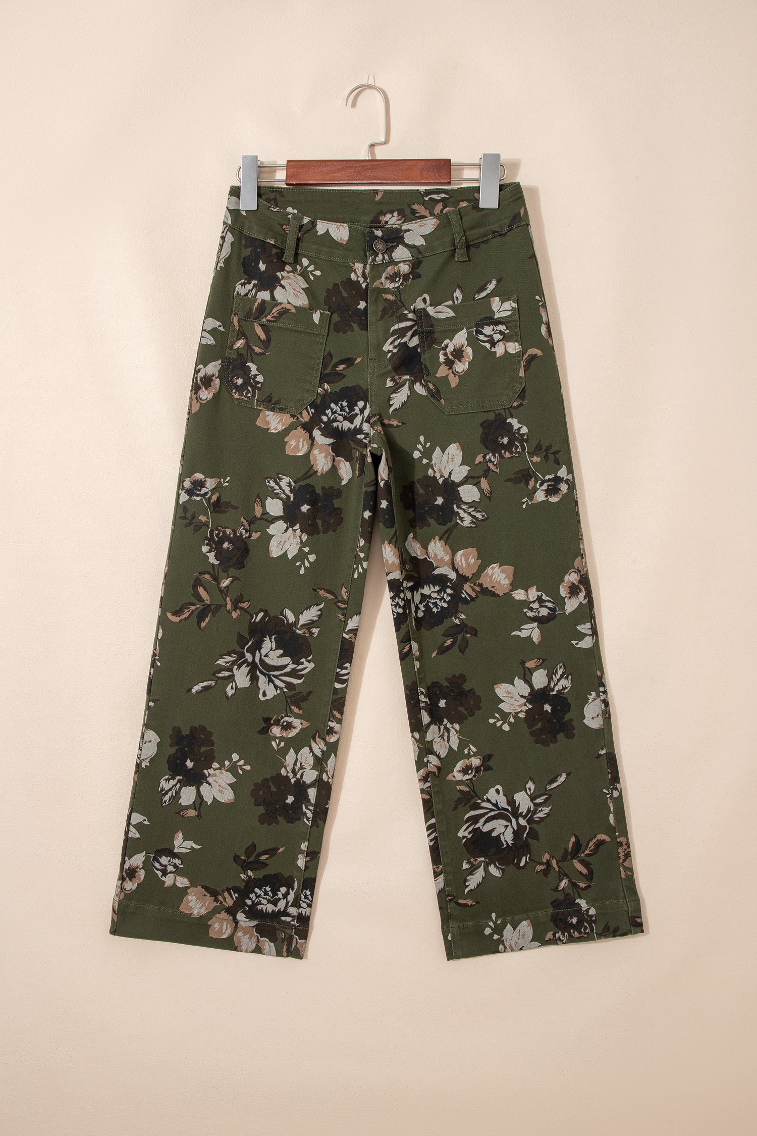 Green Vintage Floral Print Square Patch Pocket Raw Hem Shift Jeans Green 98%Cotton+2%Elastane Dear-Lover Dropshipping Bottoms/Jeans