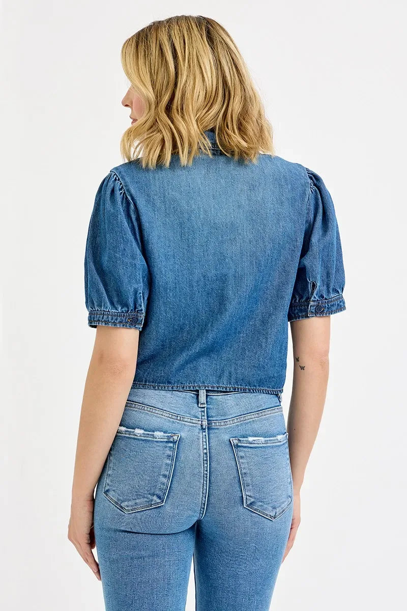 RISEN Button Down Puff Sleeve Crop Denim Shirt Trendsi Shirts