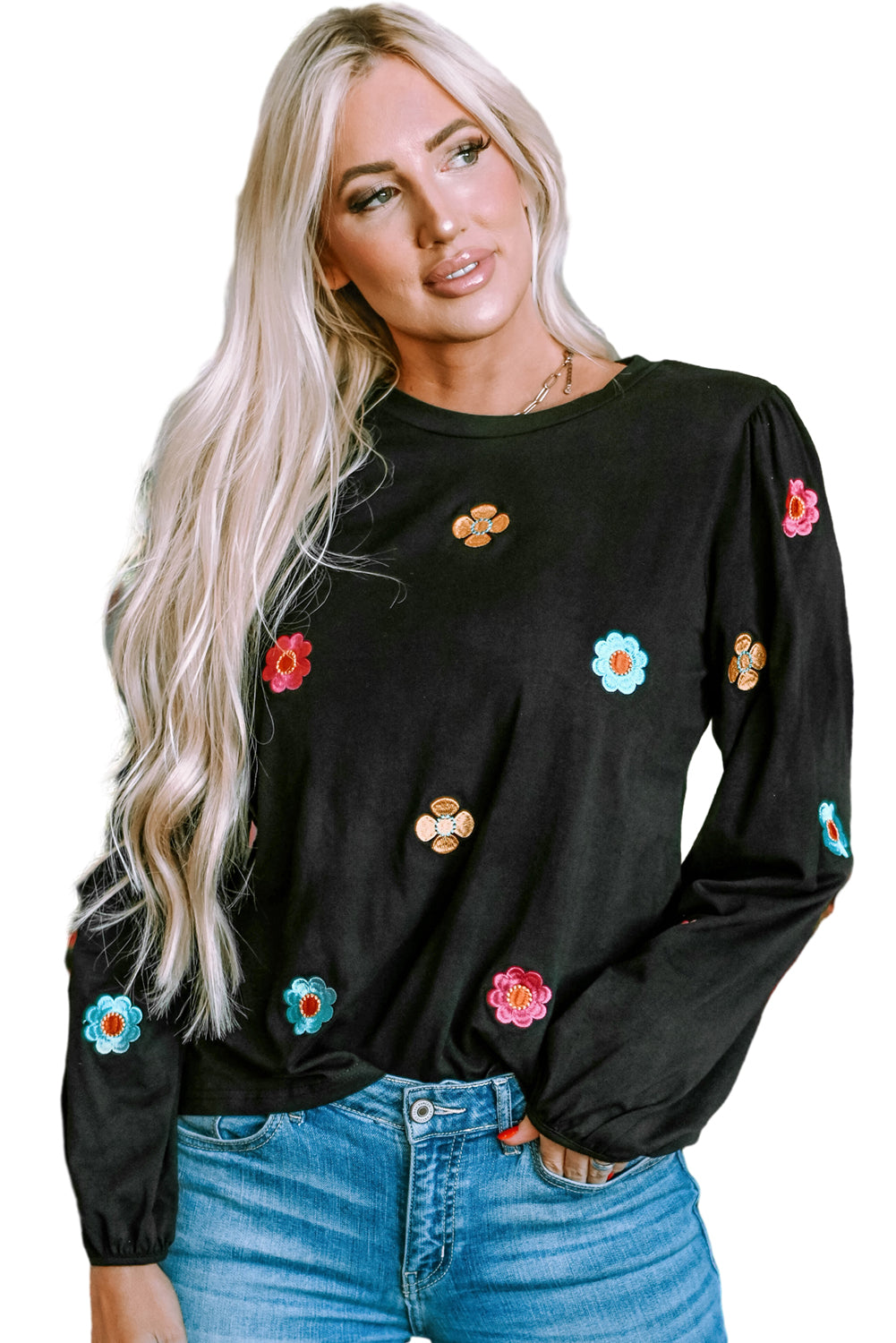 Plus Size Flower Embroidered Puff Sleeve Top